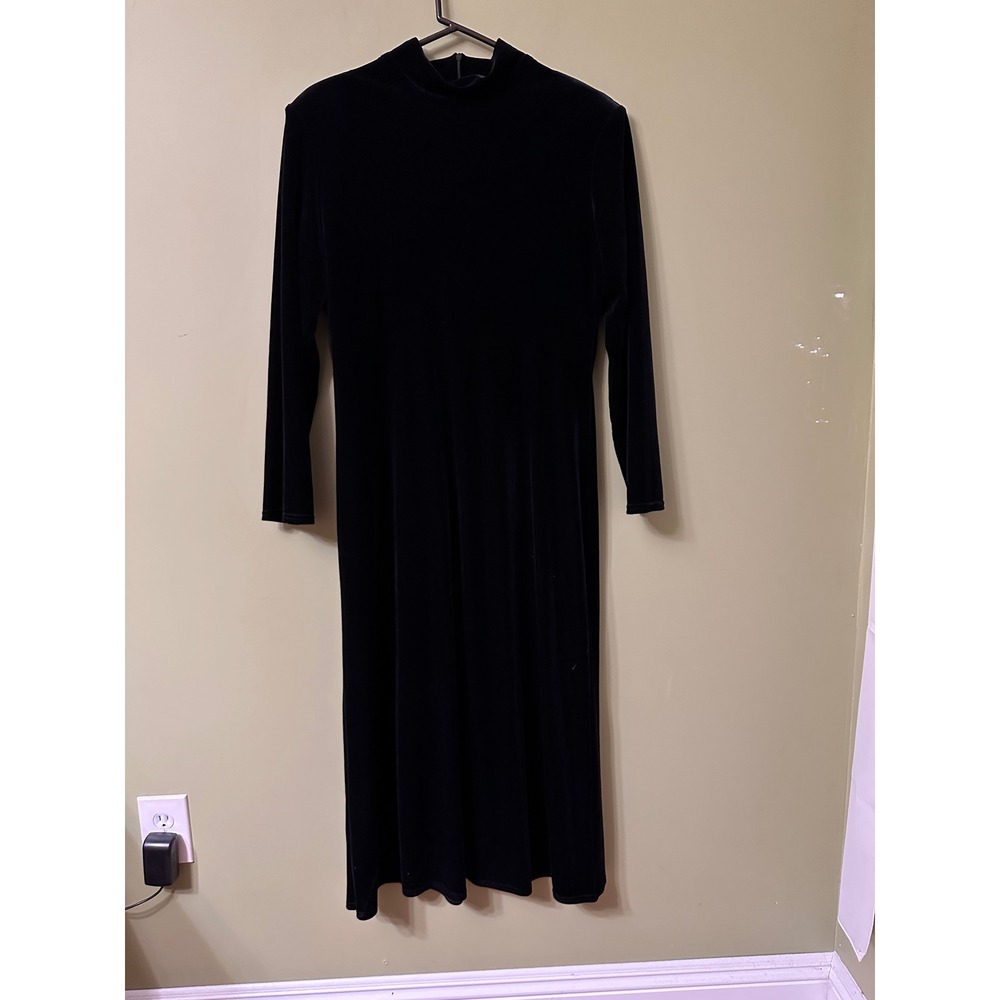 K.C. Spencer Black Velvet Mock Neck‎ Long Sleeve Midi Dress Size 14